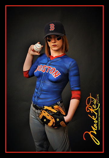 model wearing a full body painting of an Astros jersy with a glove, hat, baseball, and glove