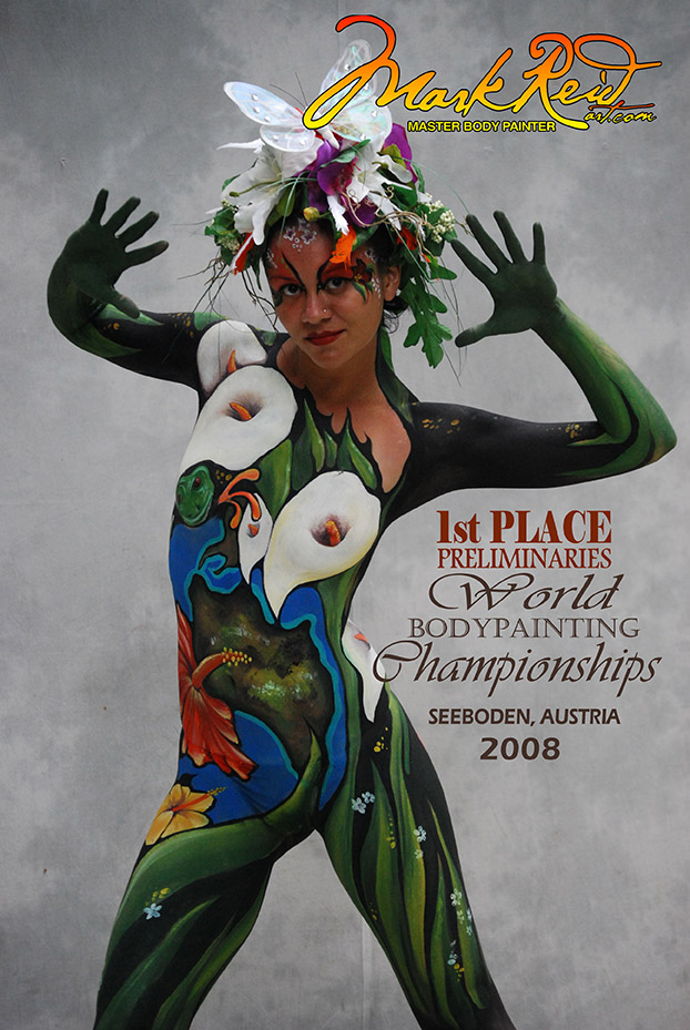 Full body painting stating 1st place body painter 2008 in Austria