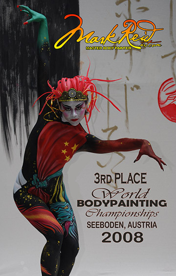 Colorful full body painting that was 3rd place in 2008 World Body Painting Championships