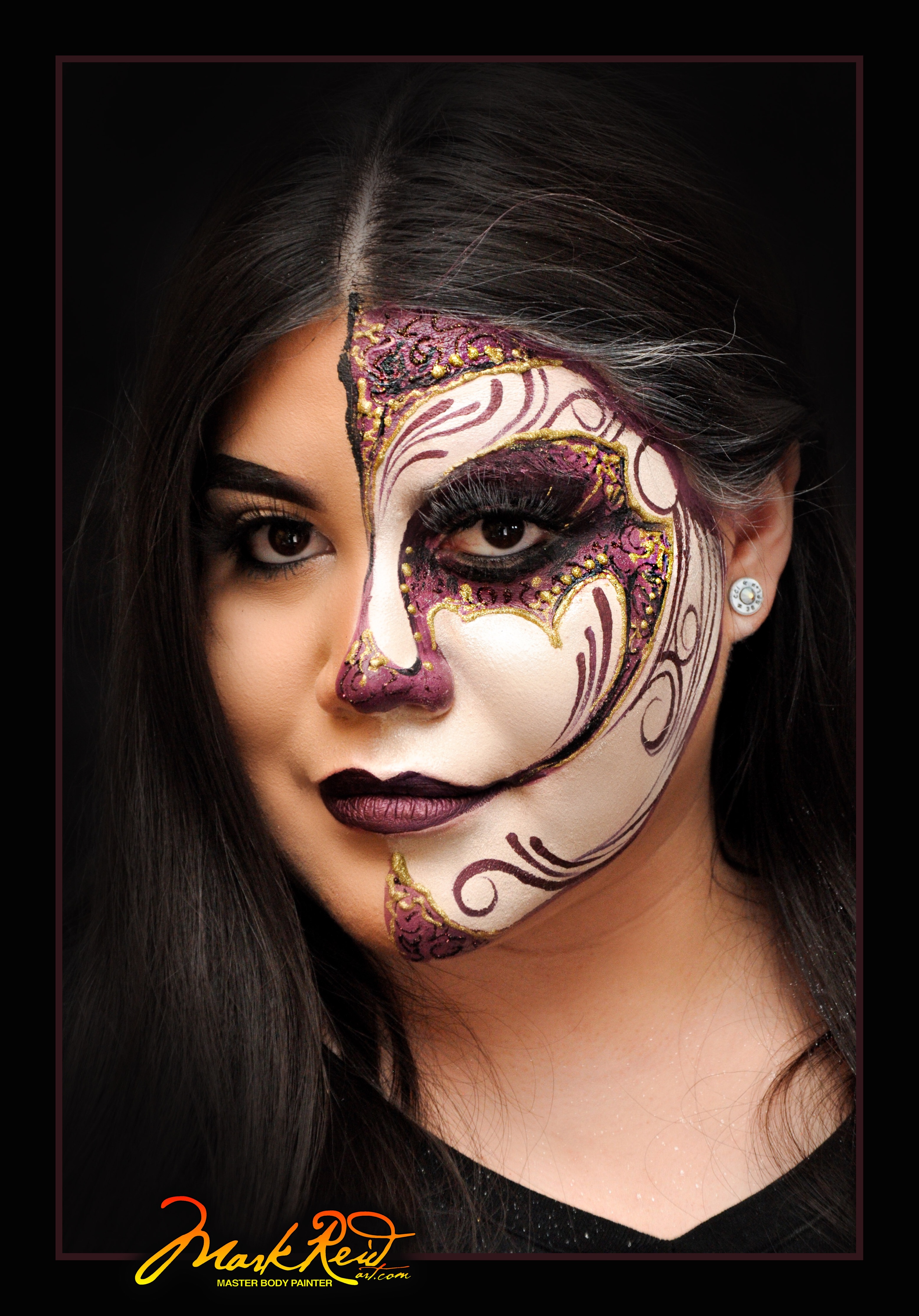 Beautiful woman with the right side of her face painted in a very stylized flowing style that has a white base and intricate swirling patterns around her eye and mouth