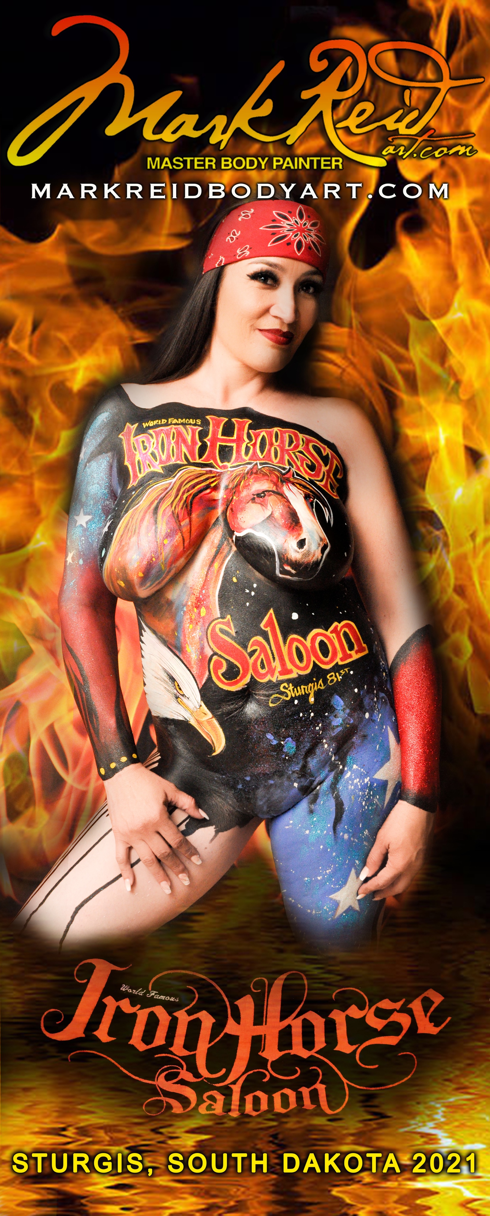 brunette with a stylized body painting of a horse on her top featuring the words Iron Horse Saloon 2021